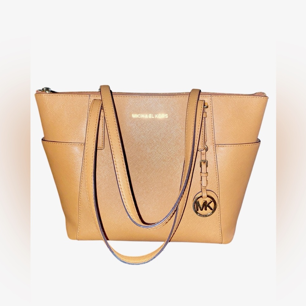 Michael Kors Charlotte Tan/Brown Jet Set Saffiano Leather Top Zip Tote Handbag - Picture 6 of 10